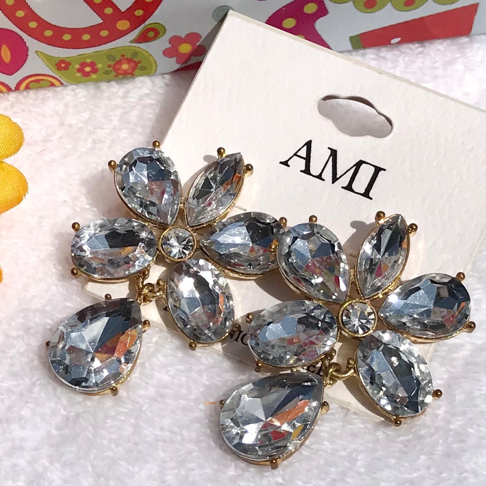 New! Boho Earrings Crystal Rhinestone Post Drops Goldtone